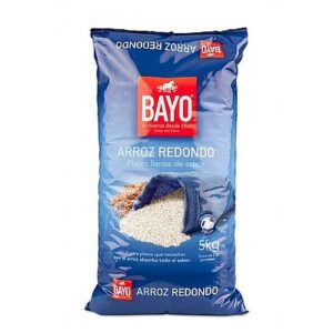 5 Kilo zak_luchtdicht plastic in blauw en rood_ arroz redondo extra paella rijst van Bayo_Alegre Import