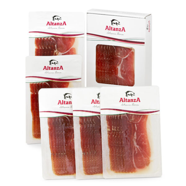 Geschenkdoos gesneden Jamón Ibérico de Campo ook verkrijgbaar in Bellota, Serrano of Paleta