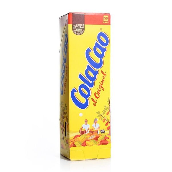 ColaCao Horeca Solo Verpakking _geel met blauw etiket_doos met 50 zakjes kant en klaar chocoladepoeder_Alegre Import.nl