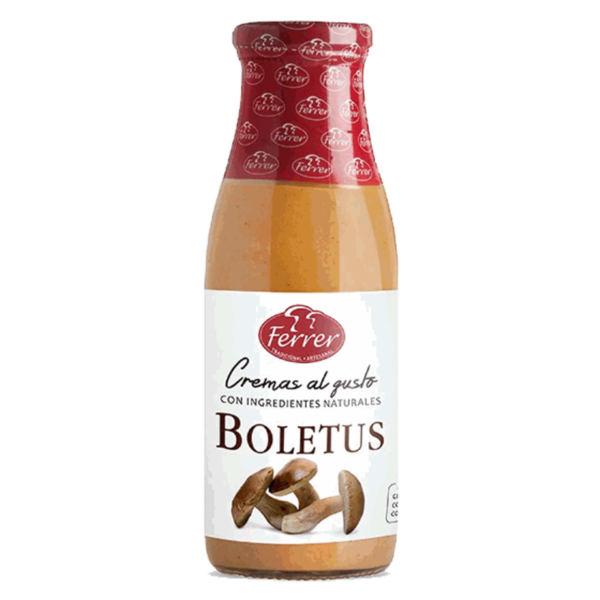 Glazen fles Ferrer Spaanse bospaddenstoelen soep van eekhoorntjesbrood | Crema de ceps in Nederland te koop bij Alegre Import