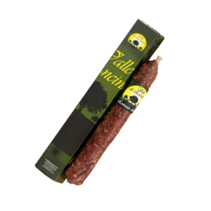 Geschenkverpakking Salchichón Ibérico Encinares , een Spaanse eikeltjes worst geleverd in een geschenkdoosje._Alegre Import