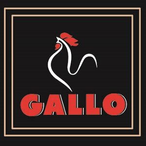 Logo Gallo, zwart logo met rood en witte kip