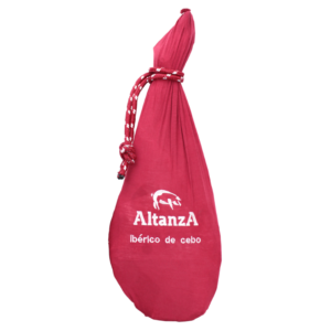 Rode hoes voor Jamón Cebo Altanza Jabugo met wit label_Alegre Import