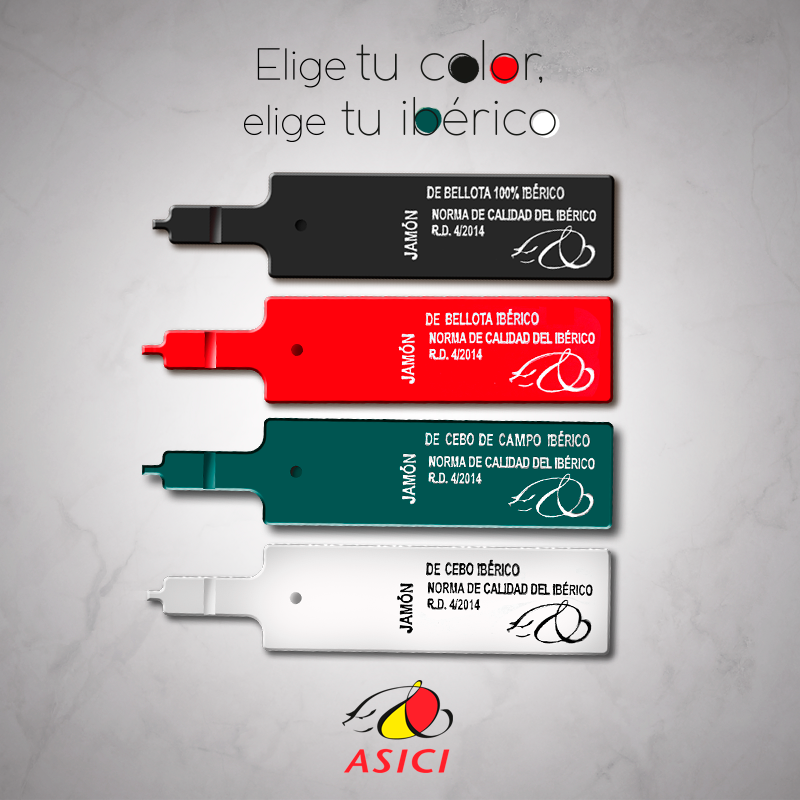 Zwart, Rood, Groen en Wit etiket voor Spaanse Ibérico hammen_Alegre Import