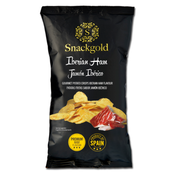 Patatas fritas | zak Spaanse chips in zwarte verpakking met Ibérico smaak